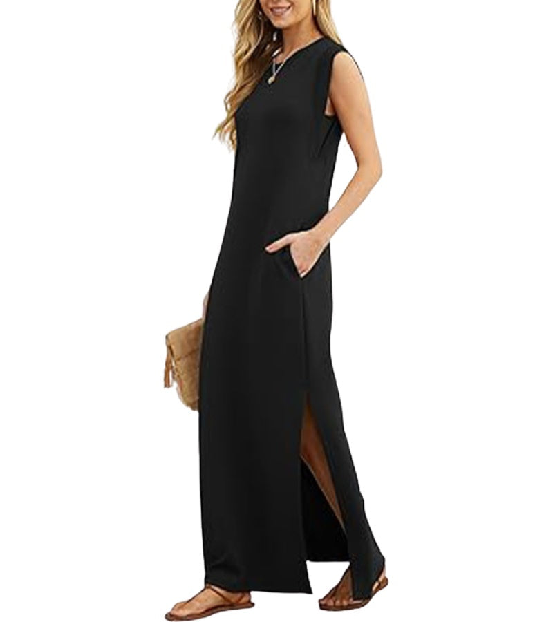 CLAUDINE| Robe longue décontractée avec fente et sans repassage