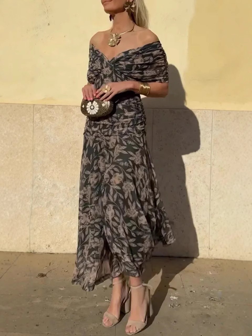 HELENE | Robe imprimée à col V hors épaule pour femmes
