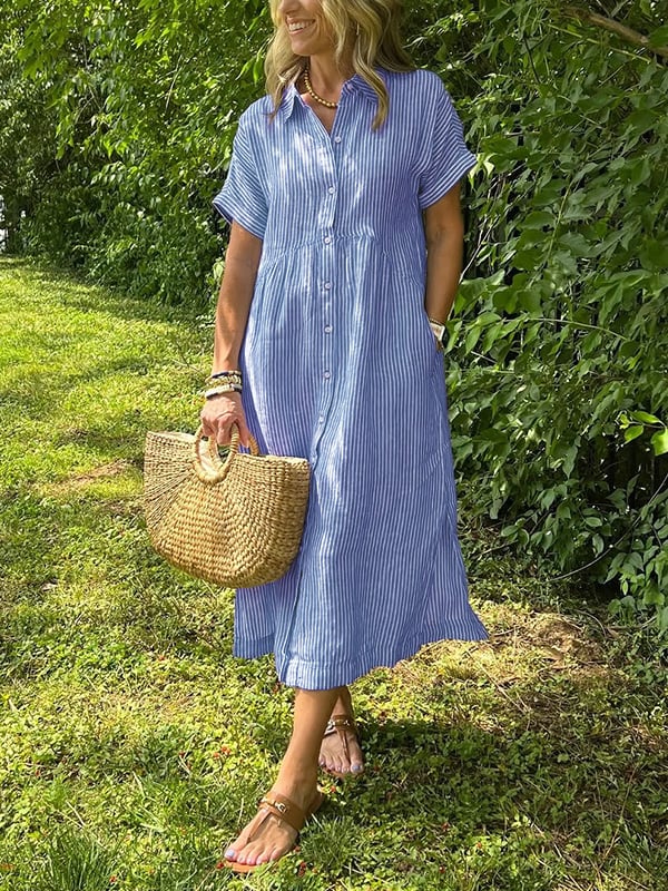 LOUISE | Robe chemise rayée à revers et boutons - Avec poches fonctionnelles