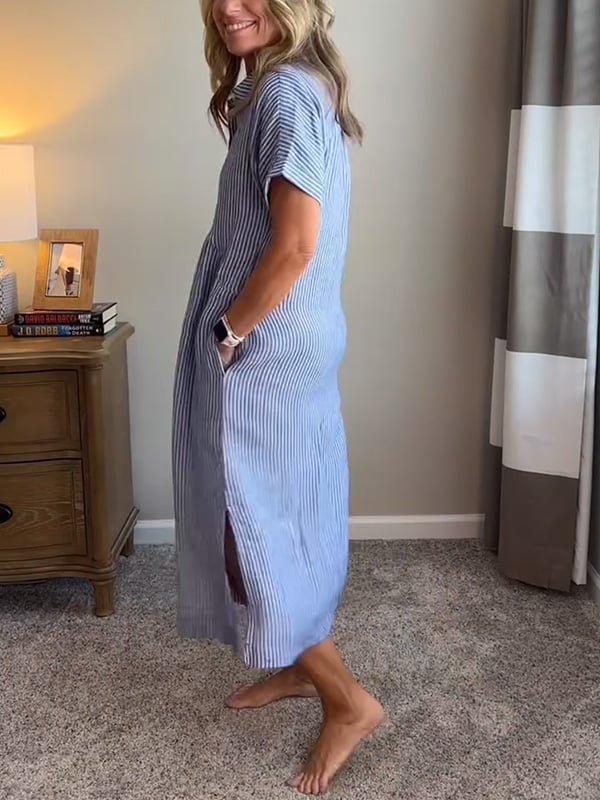 LOUISE | Robe chemise rayée à revers et boutons - Avec poches fonctionnelles