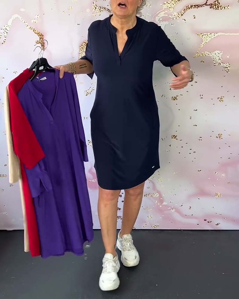 VELIN | Robe Unie à Col en V pour une Élégance Intemporelle