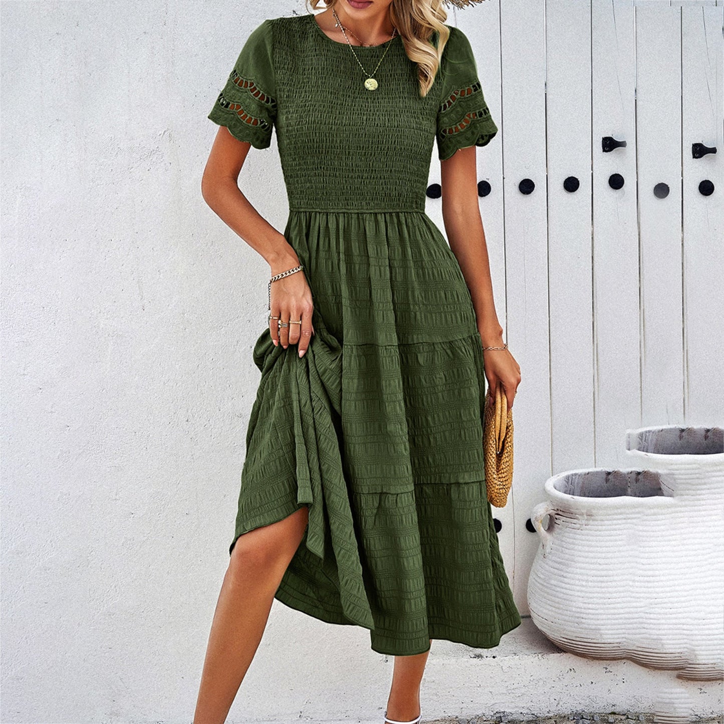 LEAH | Robe mi-longue à smocks flatteuse pour le ventre
