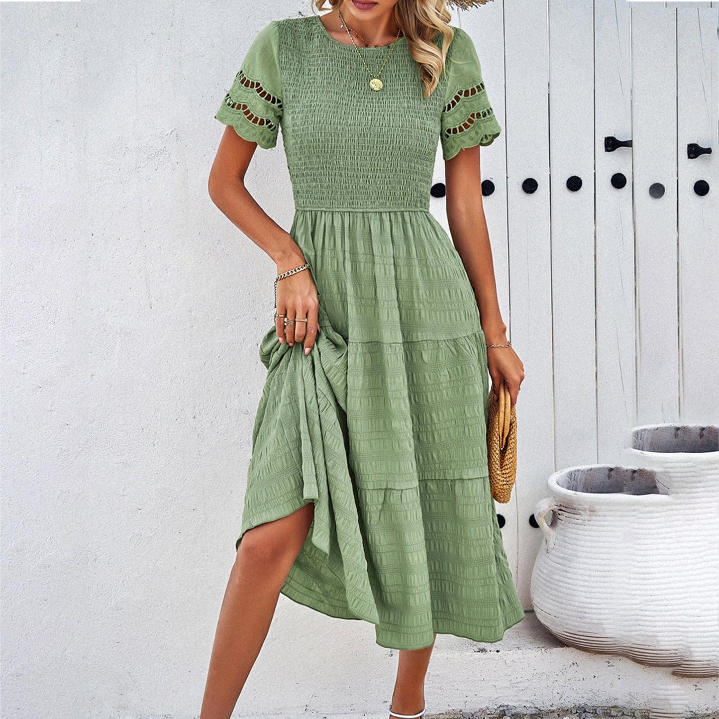 LEAH | Robe mi-longue à smocks flatteuse pour le ventre