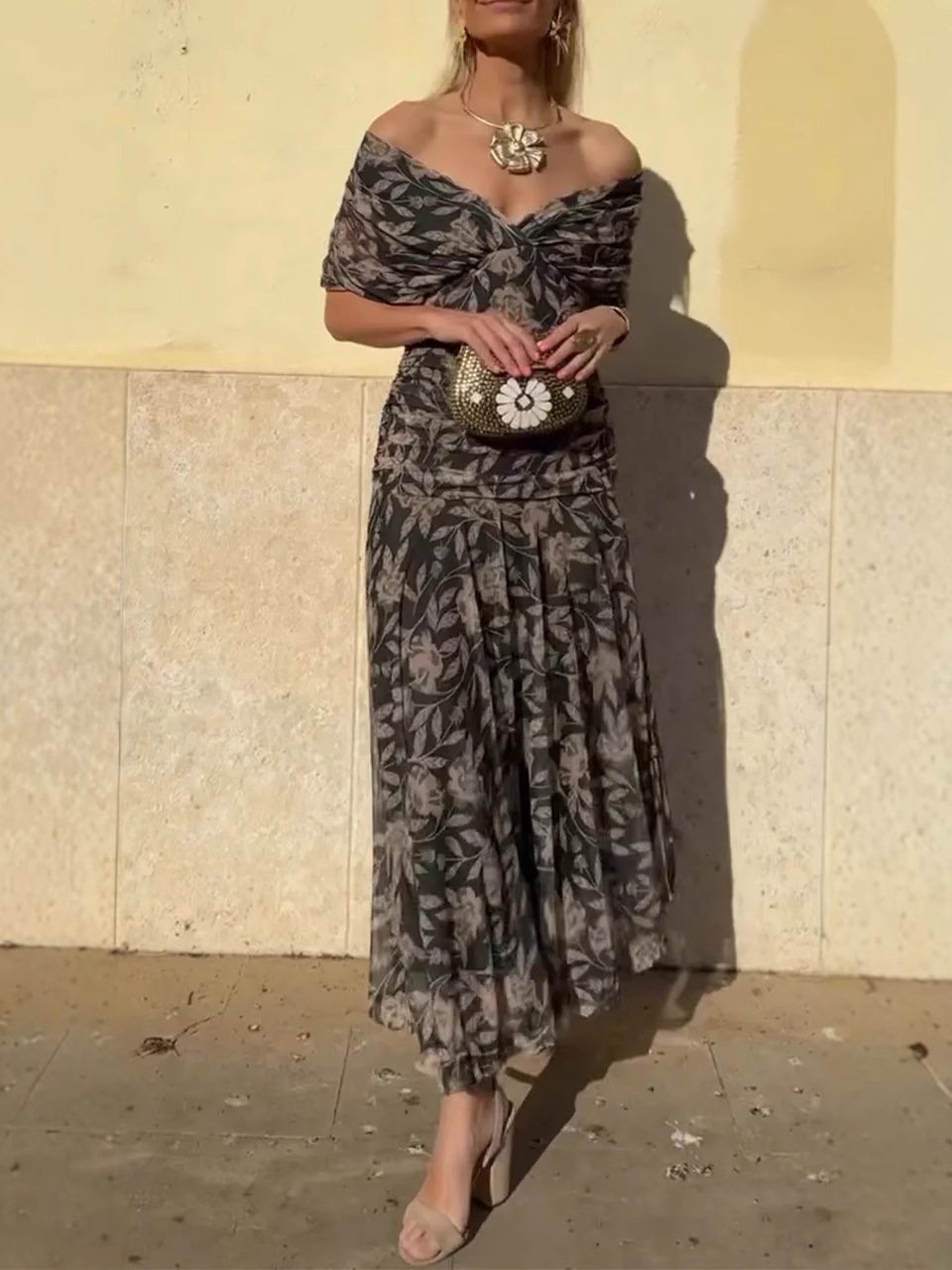 HELENE | Robe imprimée à col V hors épaule pour femmes