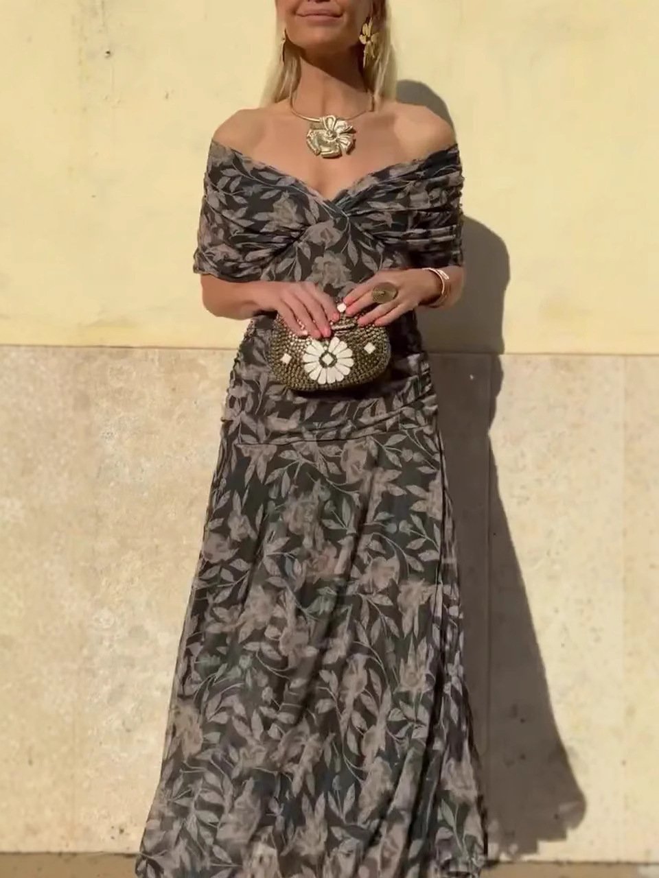 HELENE | Robe imprimée à col V hors épaule pour femmes