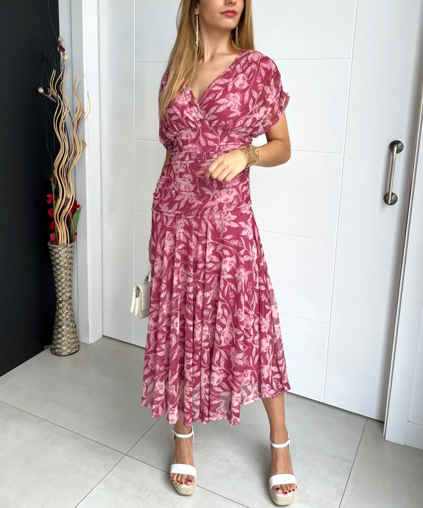 HELENE | Robe imprimée à col V hors épaule pour femmes
