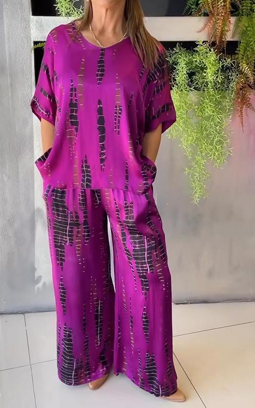 GABY | Costume décontracté deux pièces en satin à col rond
