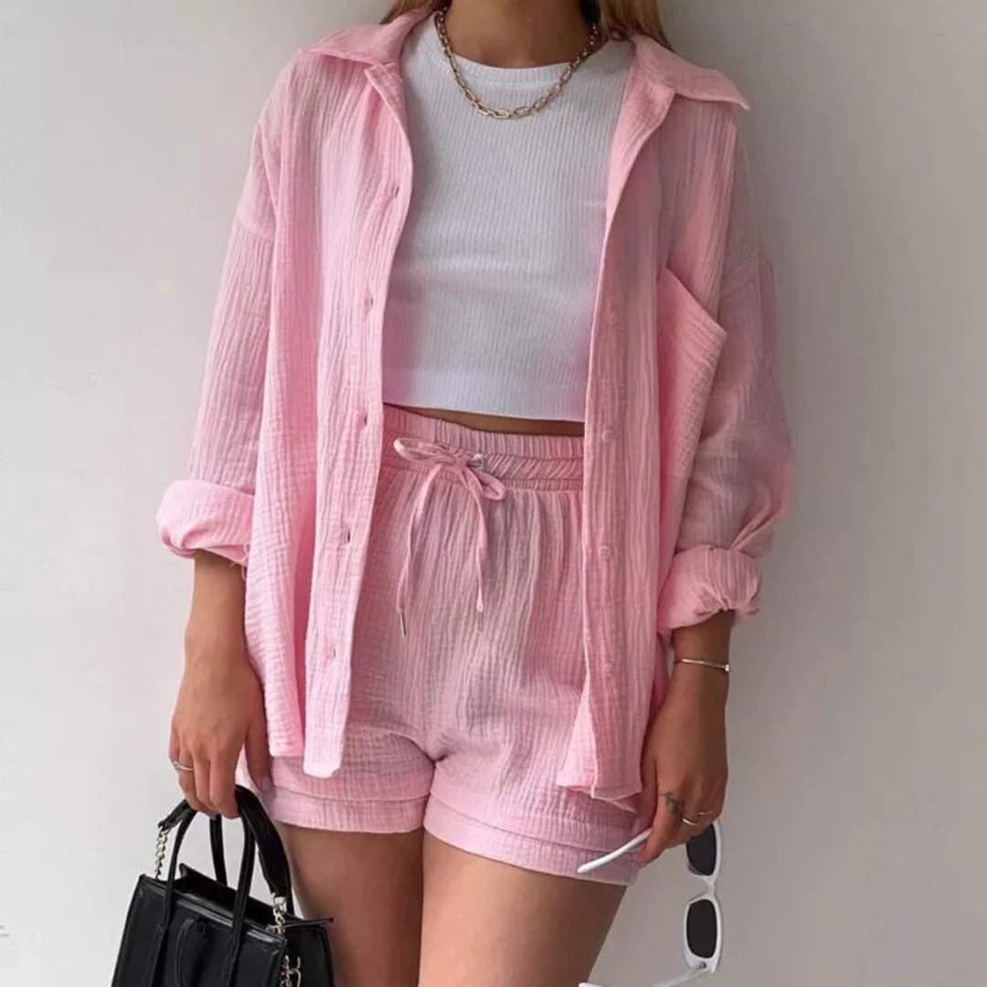 CELINE™ | Ensemble 2 pièces chemise et short en coton
