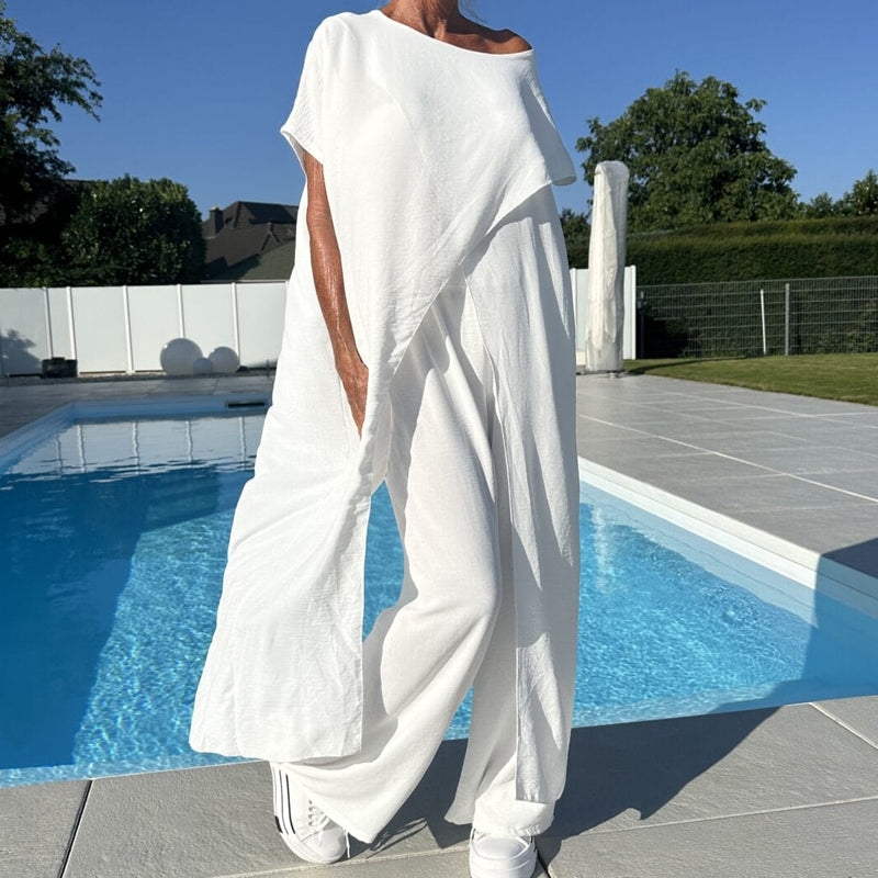 ROSELINE | Ensemble d'un top et d'un pantalon décolletés unicolores