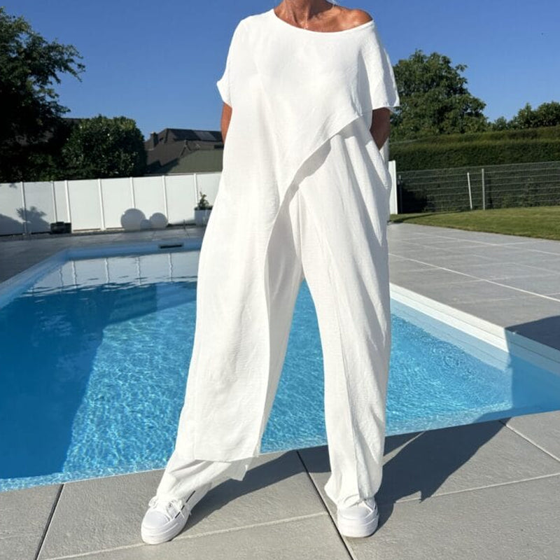 ROSELINE | Ensemble d'un top et d'un pantalon décolletés unicolores