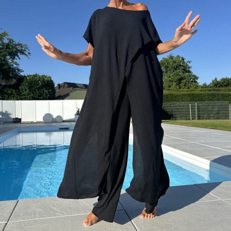 ROSELINE | Ensemble d'un top et d'un pantalon décolletés unicolores