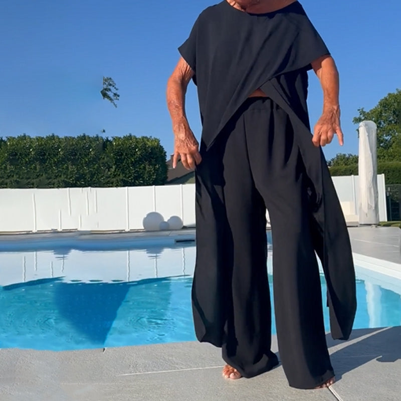 ROSELINE | Ensemble d'un top et d'un pantalon décolletés unicolores