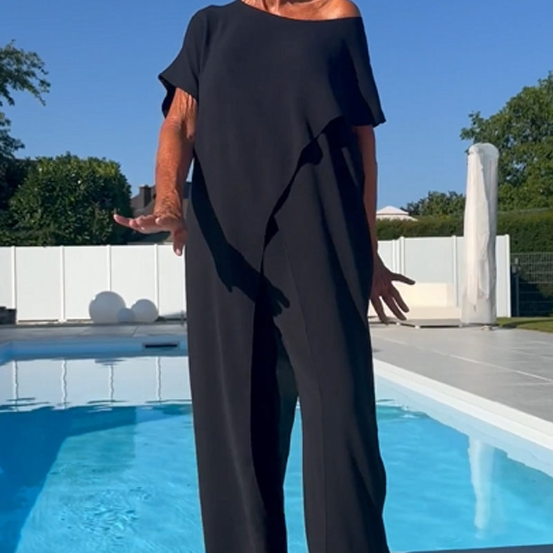 ROSELINE | Ensemble d'un top et d'un pantalon décolletés unicolores