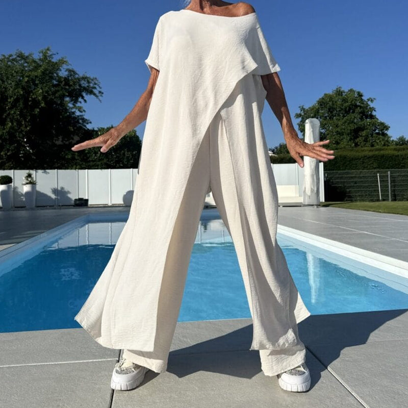 ROSELINE | Ensemble d'un top et d'un pantalon décolletés unicolores