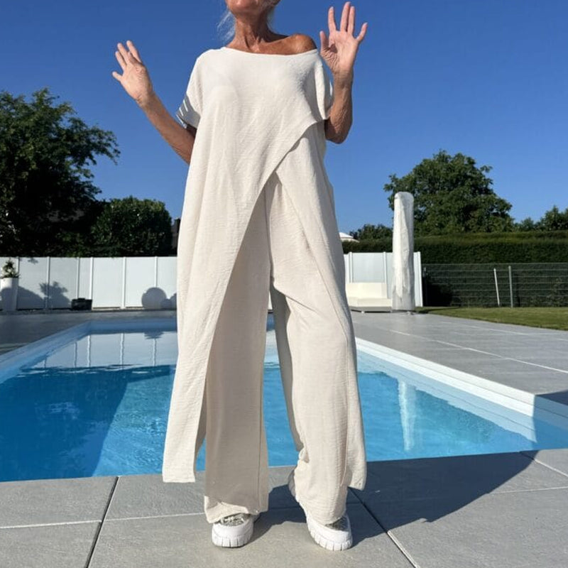 ROSELINE | Ensemble d'un top et d'un pantalon décolletés unicolores
