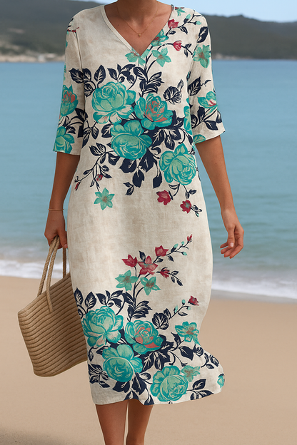 Élodie | Robe longue blanche à fleurs turquoises