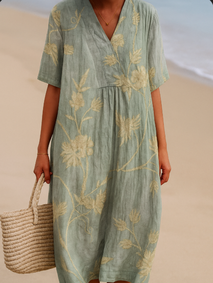 Olivia | Robe bleu-gris à broderies florales