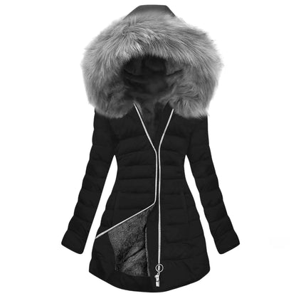Women's Winter New Coat Solid Long Sleeved Hooded Zipper Cotton Jackets Thickened Warm Cotton-Padded Coat Detachable Fur Collar