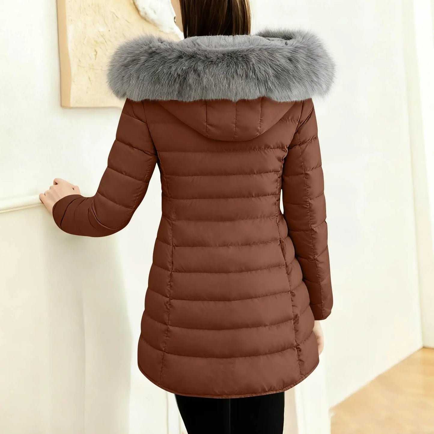 Women's Winter New Coat Solid Long Sleeved Hooded Zipper Cotton Jackets Thickened Warm Cotton-Padded Coat Detachable Fur Collar