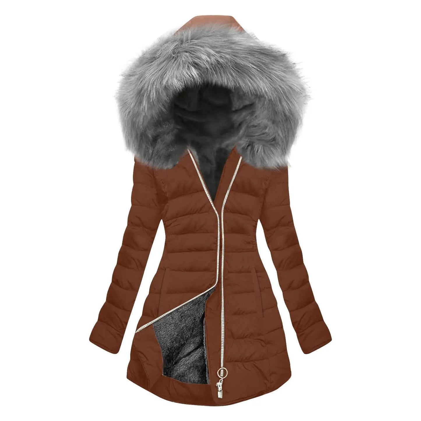 Women's Winter New Coat Solid Long Sleeved Hooded Zipper Cotton Jackets Thickened Warm Cotton-Padded Coat Detachable Fur Collar