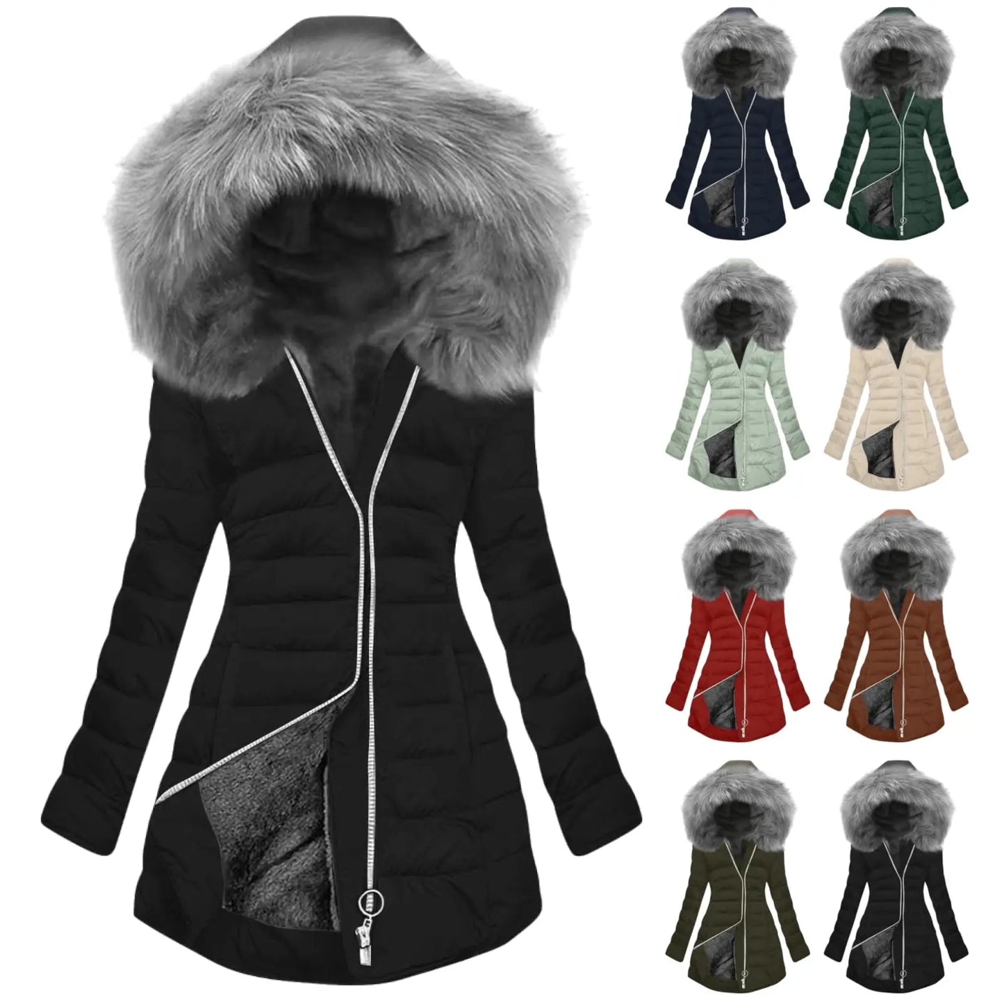 Women's Winter New Coat Solid Long Sleeved Hooded Zipper Cotton Jackets Thickened Warm Cotton-Padded Coat Detachable Fur Collar