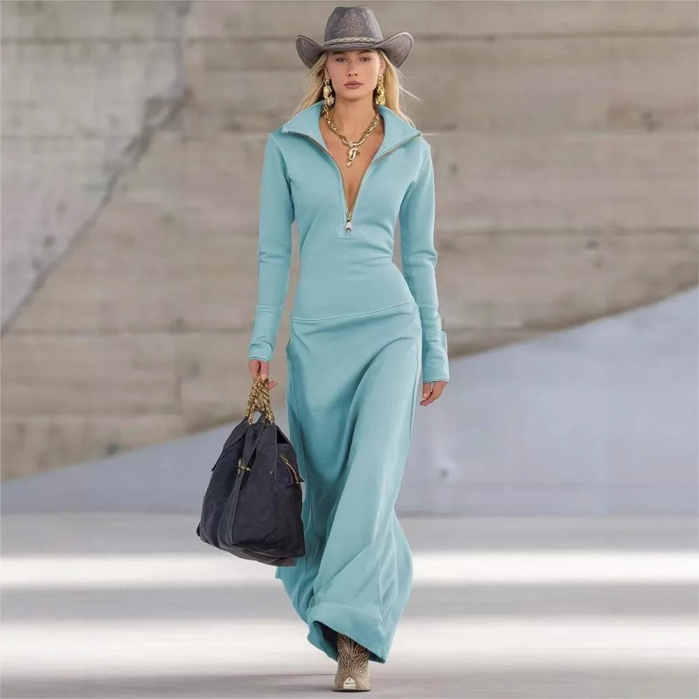 Women's Fashion Zipper Polo Collar Autumn Winter Slim-fit Long Dress Solid Color Long-sleeved Sweatshirt Long Female Dress 2025