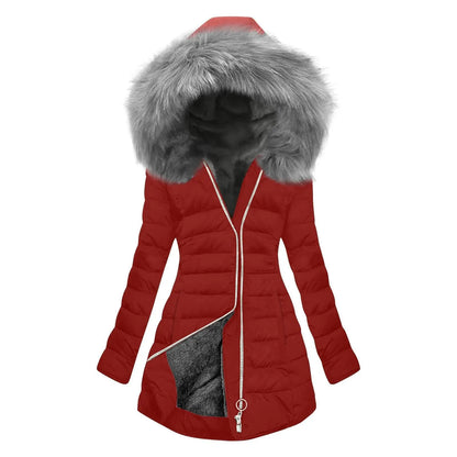 Women's Winter New Coat Solid Long Sleeved Hooded Zipper Cotton Jackets Thickened Warm Cotton-Padded Coat Detachable Fur Collar