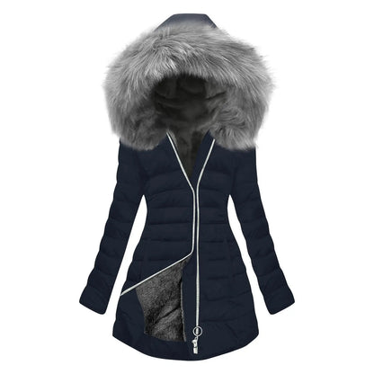 Women's Winter New Coat Solid Long Sleeved Hooded Zipper Cotton Jackets Thickened Warm Cotton-Padded Coat Detachable Fur Collar