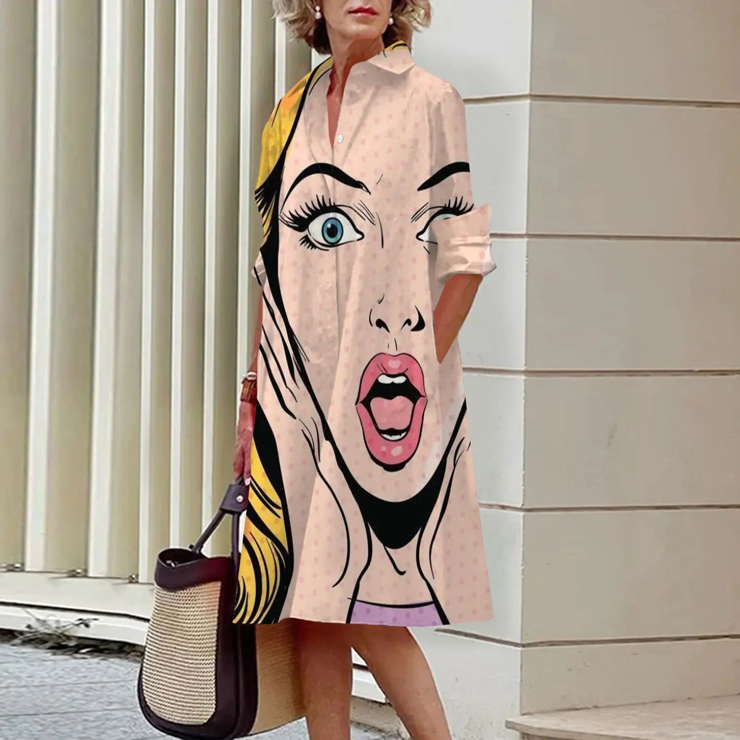 NICOLE™ | Robe chemise artistique à imprimé visage avec poches