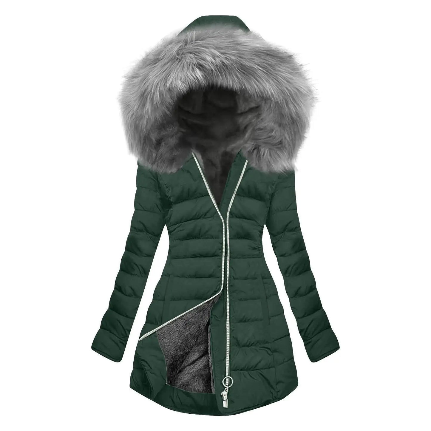 Women's Winter New Coat Solid Long Sleeved Hooded Zipper Cotton Jackets Thickened Warm Cotton-Padded Coat Detachable Fur Collar