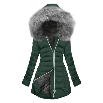 Women's Winter New Coat Solid Long Sleeved Hooded Zipper Cotton Jackets Thickened Warm Cotton-Padded Coat Detachable Fur Collar
