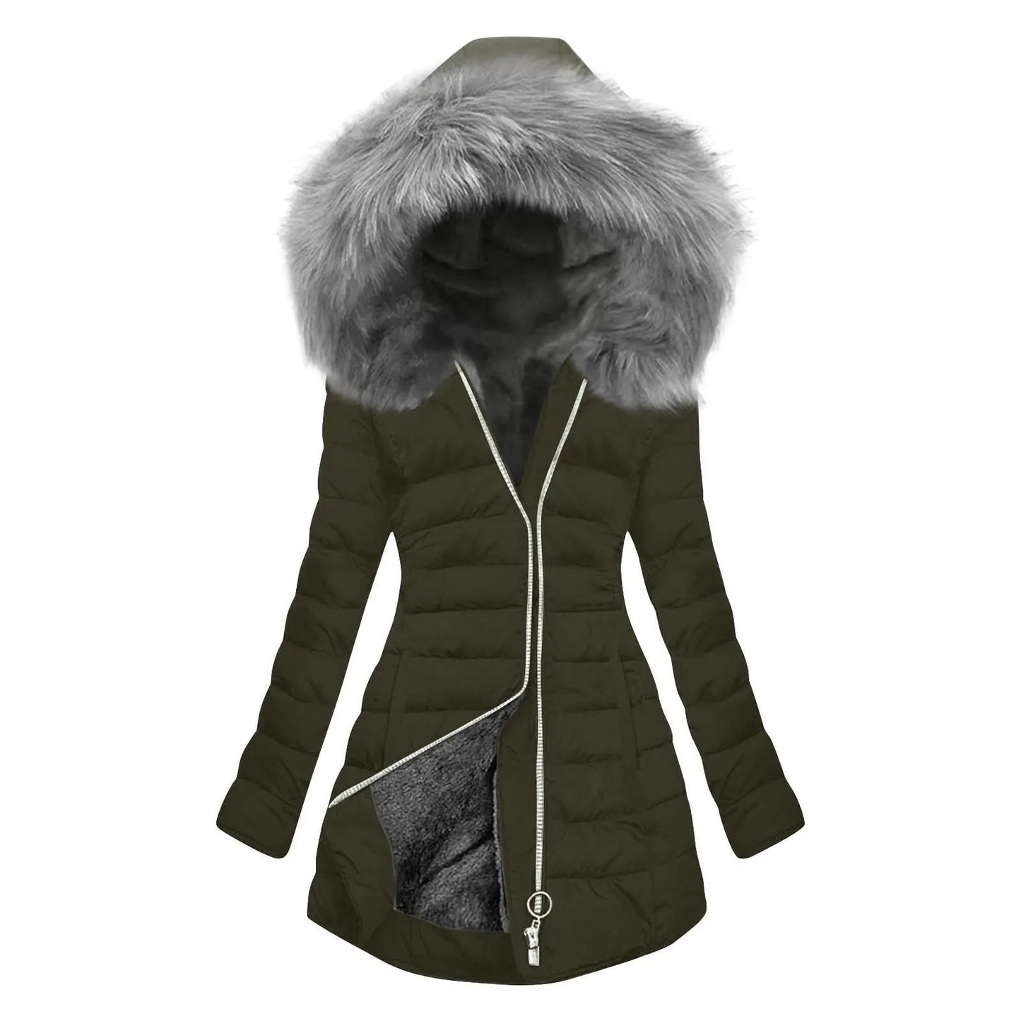 Women's Winter New Coat Solid Long Sleeved Hooded Zipper Cotton Jackets Thickened Warm Cotton-Padded Coat Detachable Fur Collar