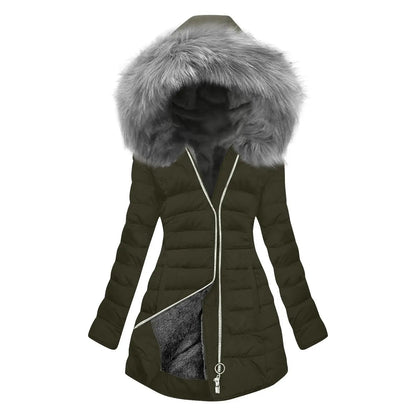 Women's Winter New Coat Solid Long Sleeved Hooded Zipper Cotton Jackets Thickened Warm Cotton-Padded Coat Detachable Fur Collar