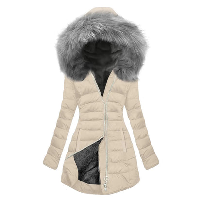 Women's Winter New Coat Solid Long Sleeved Hooded Zipper Cotton Jackets Thickened Warm Cotton-Padded Coat Detachable Fur Collar