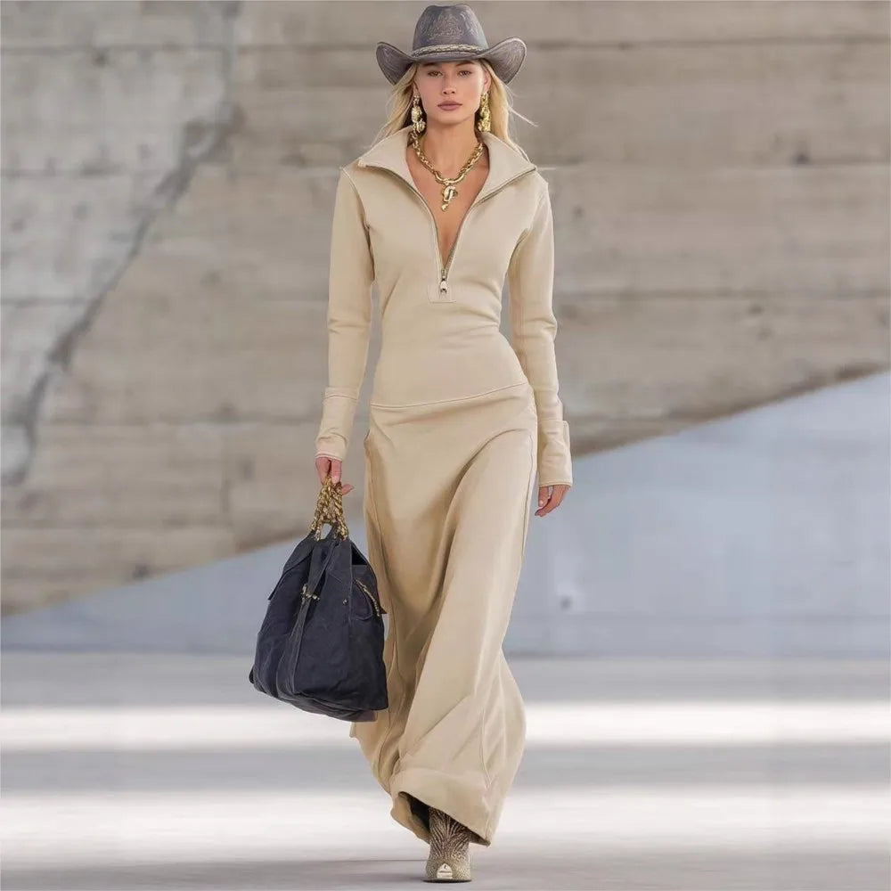 Women's Fashion Zipper Polo Collar Autumn Winter Slim-fit Long Dress Solid Color Long-sleeved Sweatshirt Long Female Dress 2025
