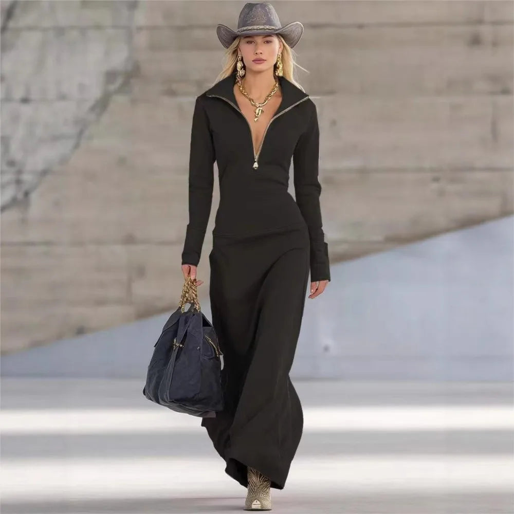 Women's Fashion Zipper Polo Collar Autumn Winter Slim-fit Long Dress Solid Color Long-sleeved Sweatshirt Long Female Dress 2025