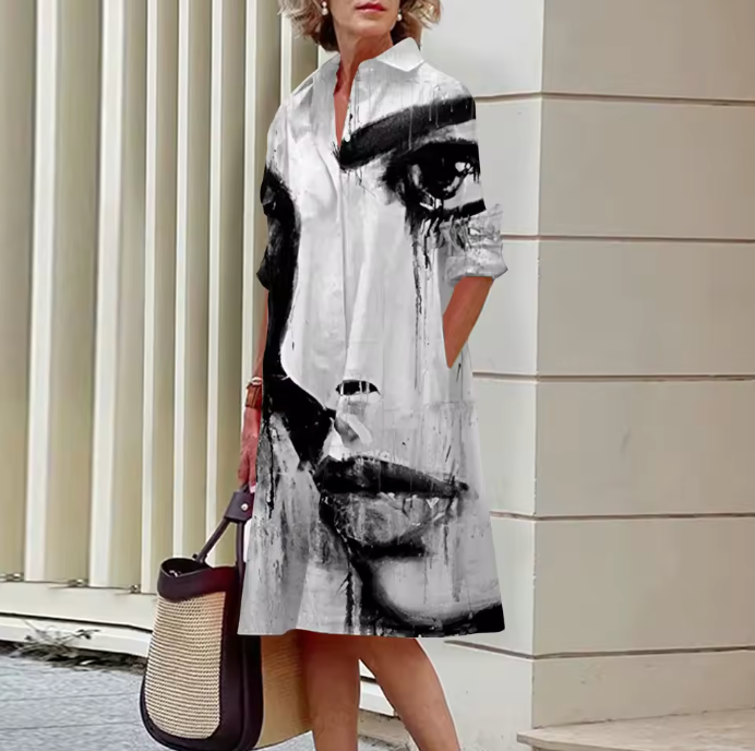 NICOLE™ | Robe chemise artistique à imprimé visage avec poches