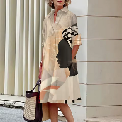 NICOLE™ | Robe chemise artistique à imprimé visage avec poches