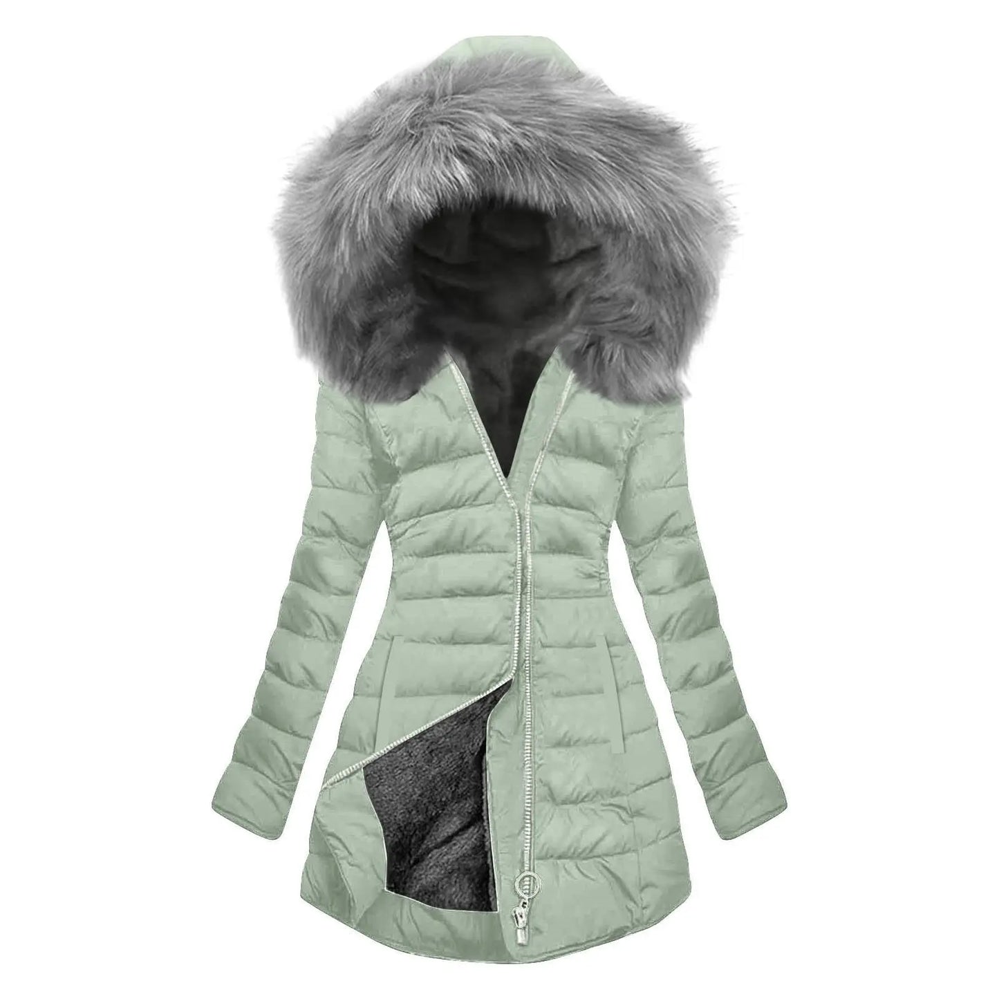 Women's Winter New Coat Solid Long Sleeved Hooded Zipper Cotton Jackets Thickened Warm Cotton-Padded Coat Detachable Fur Collar