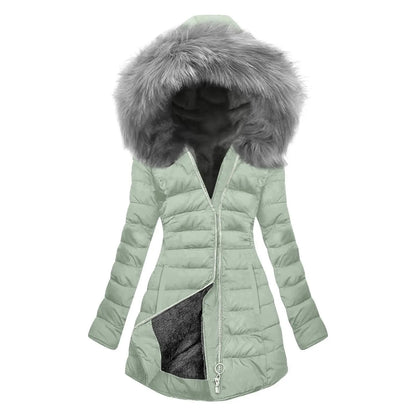 Women's Winter New Coat Solid Long Sleeved Hooded Zipper Cotton Jackets Thickened Warm Cotton-Padded Coat Detachable Fur Collar