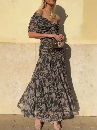 HELENE | Robe imprimée à col V hors épaule pour femmes