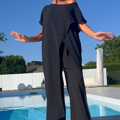 ROSELINE | Ensemble d'un top et d'un pantalon décolletés unicolores